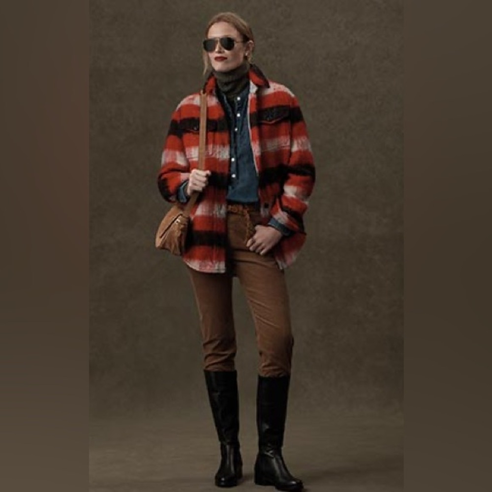 Brooks Brothers Buffalo Plaid Wool Shirt Jacket, black suede elbow patches